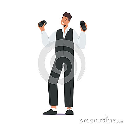 Barista Male Character Making Cocktail in Shaker. Bartender Man Wearing Black Classic Costume Make Refreshing or Alcohol Vector Illustration