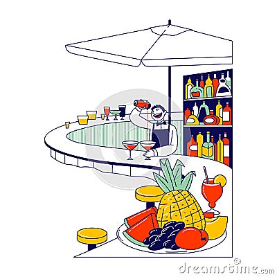 Barista Male Character Pouring Alcohol Drink to Wineglass Making Cocktail in Swimming Pool Outdoor Area Vector Illustration