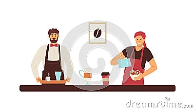 Barista man and woman preparing coffee, flat vector illustration isolated. Vector Illustration