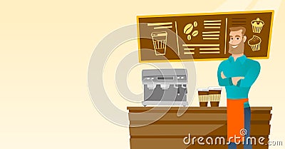 Barista standing near coffee machine. Vector Illustration
