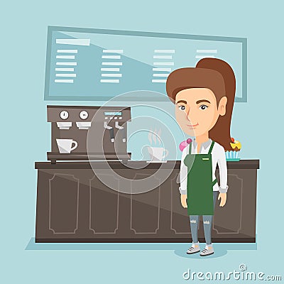 Barista standing near coffee machine. Vector Illustration