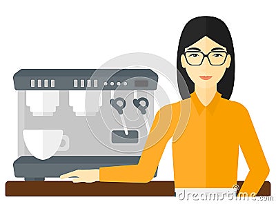 Barista standing near coffee maker. Vector Illustration