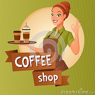 Barista waitress with cups coffee showing ok sign. Vector illustration with text. Vector Illustration