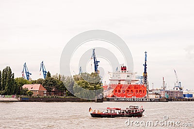 Launch boat on Elbe River cruising shipyard Blohm und Voss . Editorial Stock Photo
