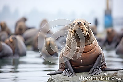 barking sea lion amidst quiet group Stock Photo