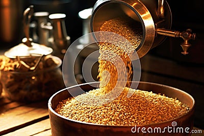 barley grains being poured into a grinder Stock Photo