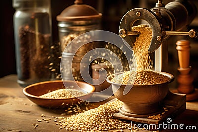 barley grains being poured into a grinder Stock Photo