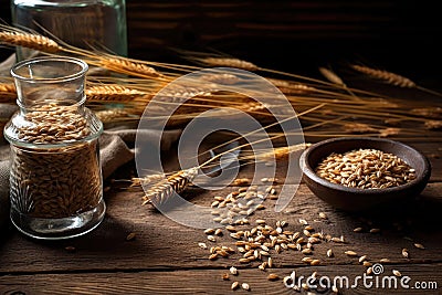 barley grains scattered on rustic wooden table Stock Photo