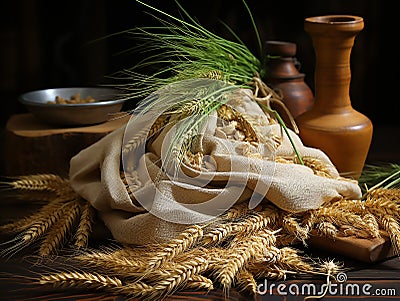 Barley Grains in a Small Burlap Sack Stock Photo