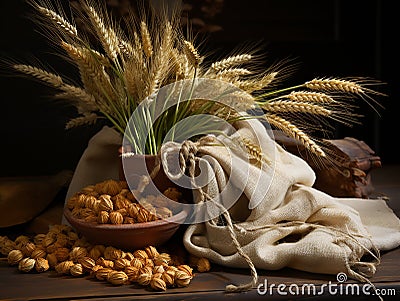 Barley Grains in a Small Burlap Sack Stock Photo