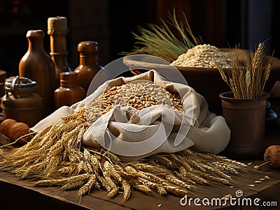 Barley Grains in a Small Burlap Sack Stock Photo