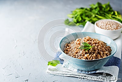 Barley porridge decorated with parsley leaves Stock Photo