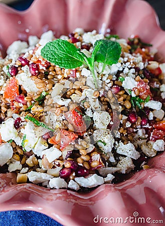 Barley salad with pomegranate, feta and mint on a pink ceramic and denin napkin Stock Photo