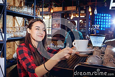 The barman girl works at bar in restaurant Stock Photo