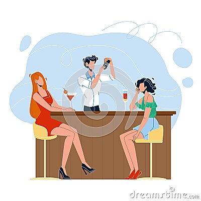 Barman Making Alcoholic Cocktail For Women Vector Vector Illustration