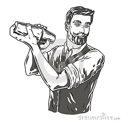 Barman with shaker for bartending. Barkeepr or bartender with beard and mustache for cocktail bar Vector Illustration