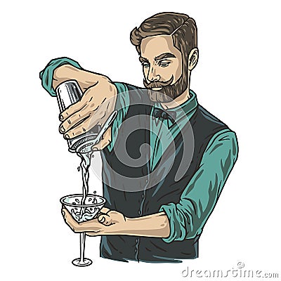 Barman with shaker for bartending. Barkeepr or bartender with beard and mustache for cocktail bar Vector Illustration