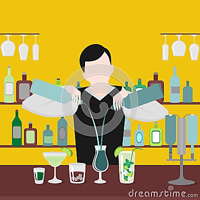 Barman show. Night life in bar. Man mix beverage. Alcoholic cocktails and bottles icon set. Stock Photo