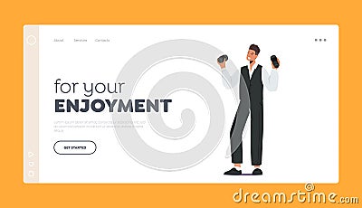 Barman Work Landing Page Template. Barista Male Character Making Cocktail in Shaker. Bartender Man Make Alcohol Drink Vector Illustration