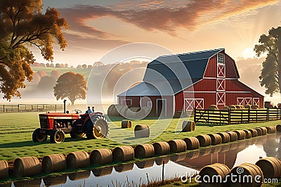 Barn Centered in a Rolling Countryside: Russet Wood Aged by Weather Adjacent to a Shimmering Pond Stock Photo