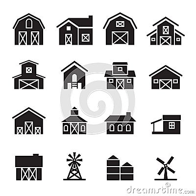 Barn & farm building icon set Cartoon Illustration