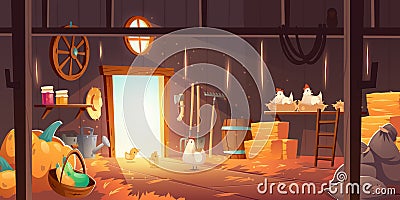 Barn on farm with chickens, straw and hay Vector Illustration