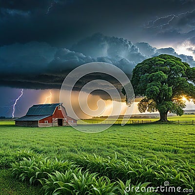 a barn in a field with a storm coming in the background and a tree in the foreground with a dark sky and clouds above with Cartoon Illustration