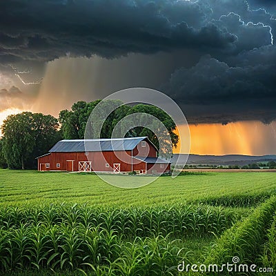 a barn in a field with a storm coming in the background and a tree in the foreground with a dark sky and clouds above with Cartoon Illustration