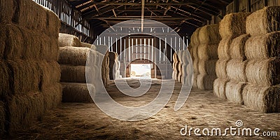 barn filled with neatly stacked hay bales ready for winte generative AI Stock Photo