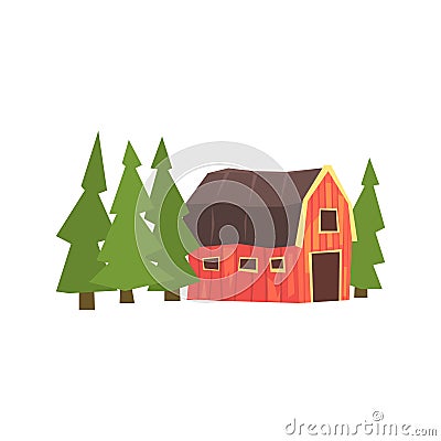 Barn And Fir Trees Colorful Farm Sticker Vector Illustration