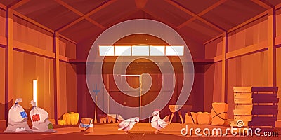 Barn interior with chicken, farm house inside view Vector Illustration