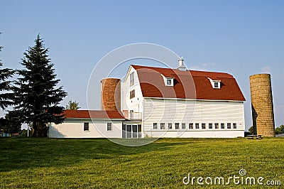 Barn With Red Gambrel Roof and Silos Stock Photo