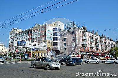 Barnaul, Russia, August, 17, 2016. The intersection of Lenin avenue and Dimitrov street in the city of Barnaul in the summer Editorial Stock Photo