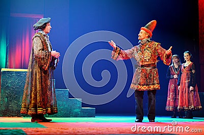 Theater actors in costumes play in the play `Plague on both your houses` Editorial Stock Photo