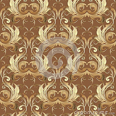 Barogue vintage gold 3d seamless pattern. Vector floral background. Surface golden flowers leaves, swirls, scrolls. Antique Vector Illustration