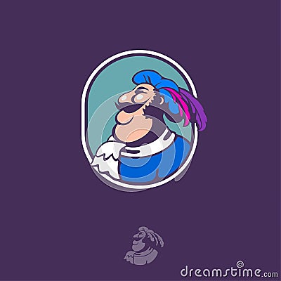 Baron icon. Baron emblem. Fat rich man. Man with beret and feathers in blue badge. Vector Illustration
