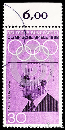 Baron Pierre de Coubertin 1862-1937, Summer Olympics 1968, Mexico City series, circa 1968 Editorial Stock Photo