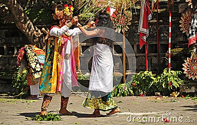 Barong and Kris dancer performing at the stage with their colorful costume Editorial Stock Photo