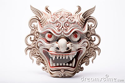 Barong mask on white background. Traditional Balinese dance mask. Craftsmanship and cultural of Bali. Dragon Mask Stock Photo