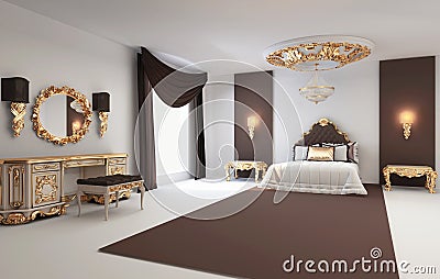 Baroque bedroom with golden furniture interior Stock Photo