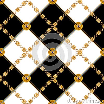 Baroque black and white seamless pattern with chains. Vector luxury patch for fabric, scarf Vector Illustration