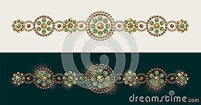 Baroque border motif like bracelet. Ornament made of gold chains, green gems. Vector Illustration