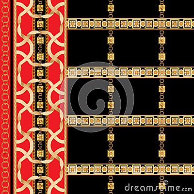 Baroque border seamless pattern with golden ribbons and chains. Striped patch for scarfs, print, fabric Vector Illustration