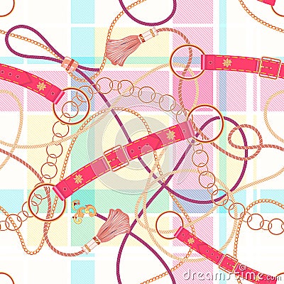 Baroque check seamless pattern with chains and belts. Vector patch for fabric, scarf Vector Illustration