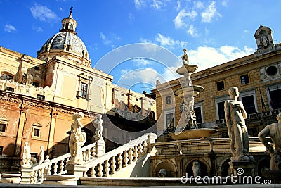 Baroque church, Pretoria square fountain. Palermo Stock Photo