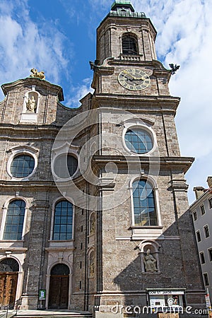 Baroque church St. James Cathedral from 1717 to 1722. Since 1964 it has been an episcopal cathedral. Innsbruck, Austria Editorial Stock Photo