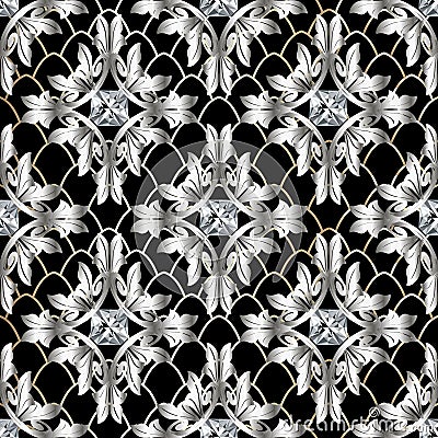 Baroque 3d vector seamless pattern. Vintage antique floral silver Damask ornament with ornate diamonds. Modern textured lace grid Vector Illustration