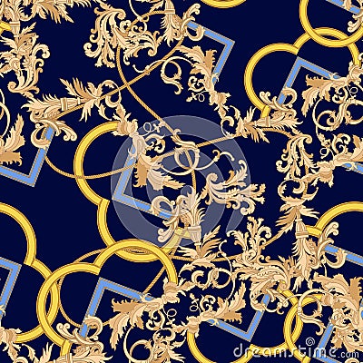 Baroque details, chains and leaves. Vector seamless pattern for print, fabric, scarf Vector Illustration