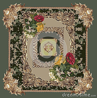 Baroque embroidery design pattern flowers camouflage Stock Photo