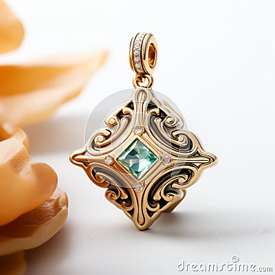 Baroque Energy: Golden Pendant With Green Stones And Romantic Charm Stock Photo